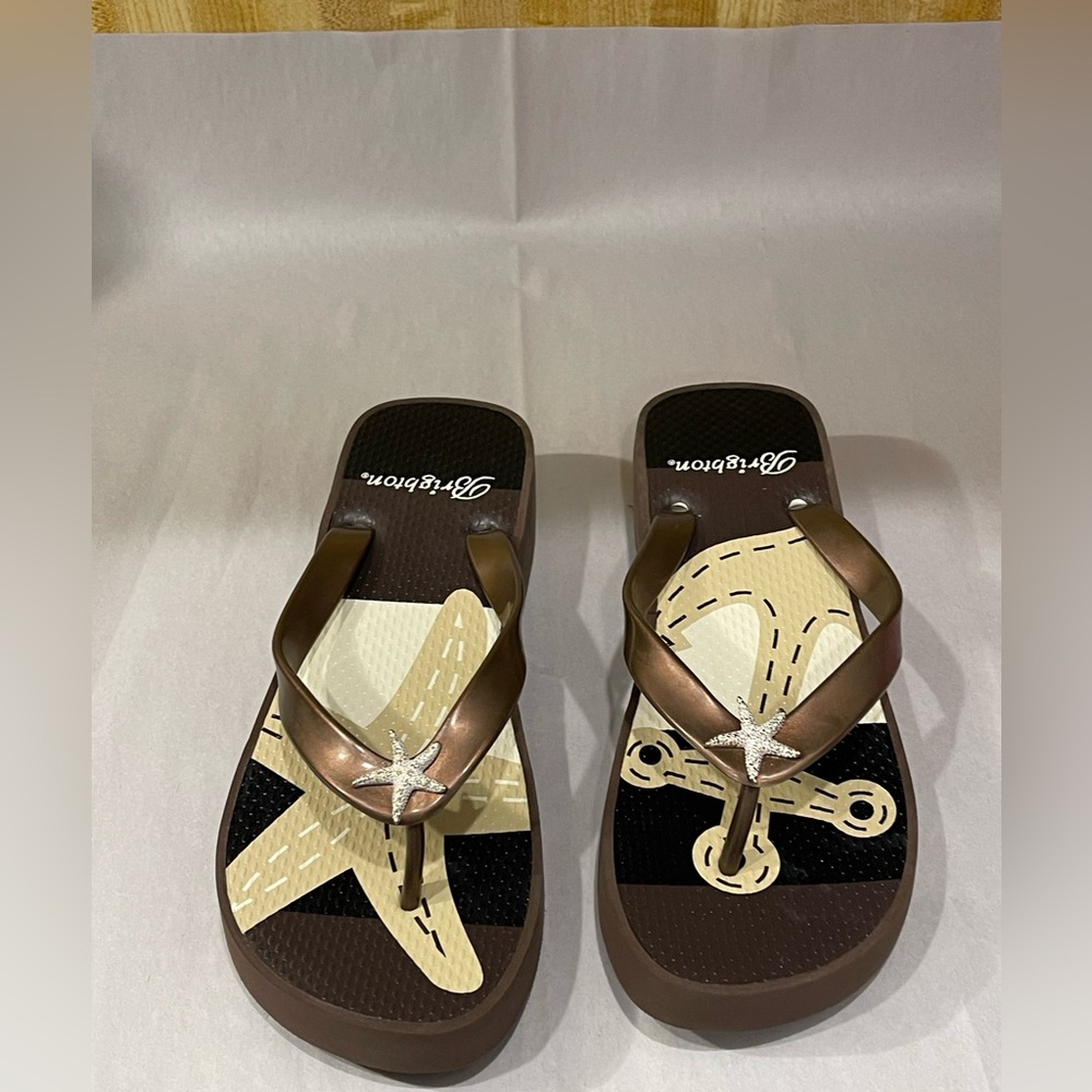 BRIGHTON Women’s Anchor Flip Flop Thong Summer Sandal Starfish Brown Platform